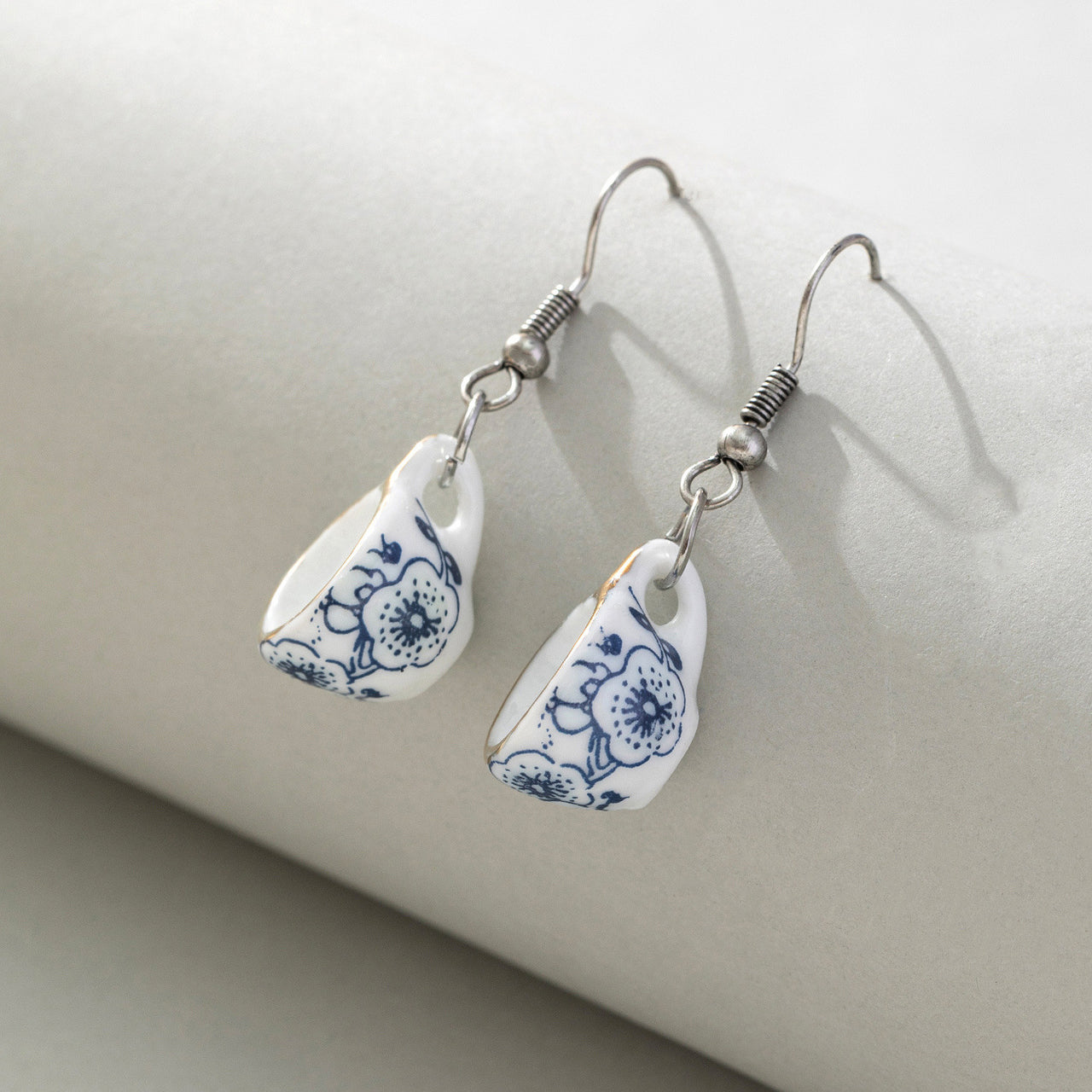 Chinese Style Ceramic Blue And White Porcelain Tea Cup Earring