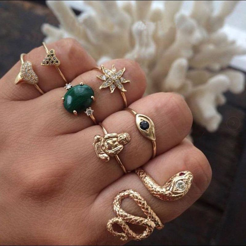 Emerald Snake-Shaped Joint Ring Set Of 7