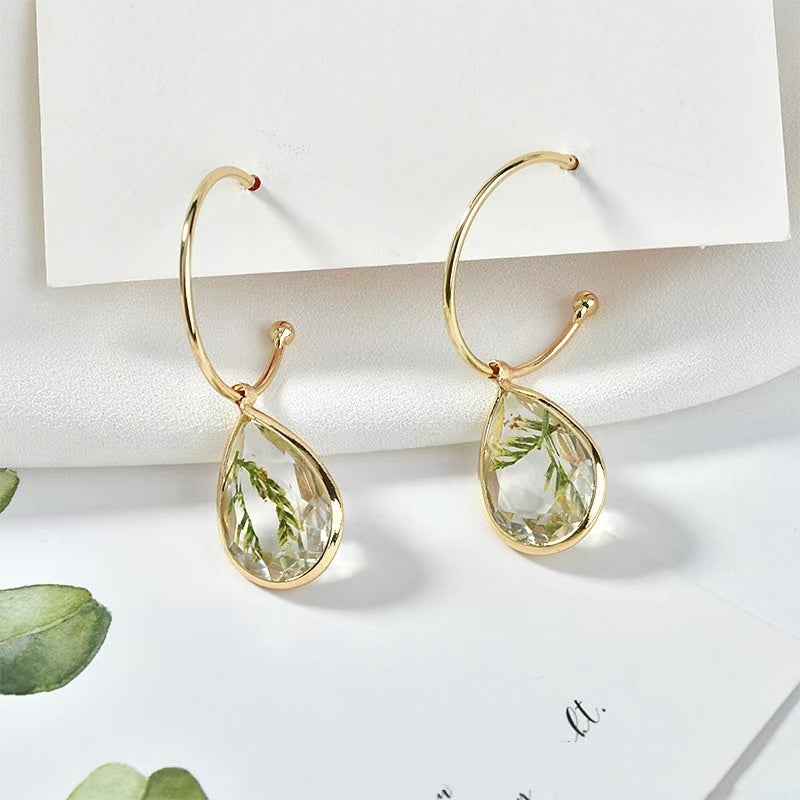 Real Leaves Water Drop Copper Edging Earrings